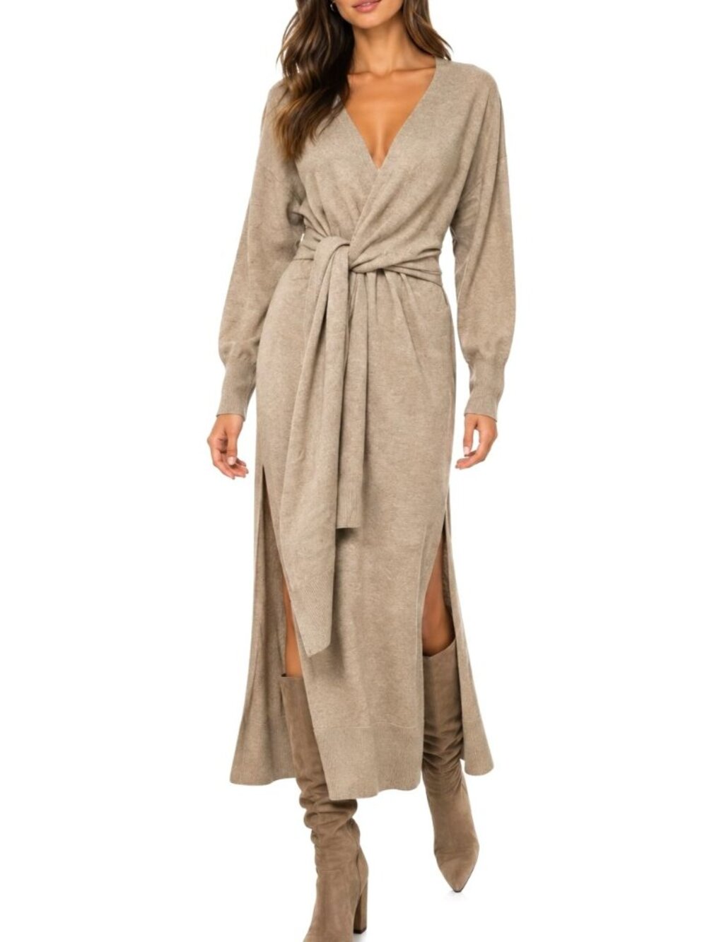 Simkhai Skyla Wrap Dress Wool Cashmere Beige Sweater Knit Midi